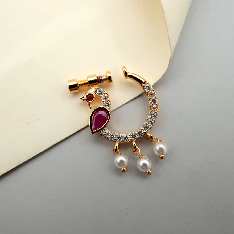 Gold Look Small Peacock AD Bridal Nath